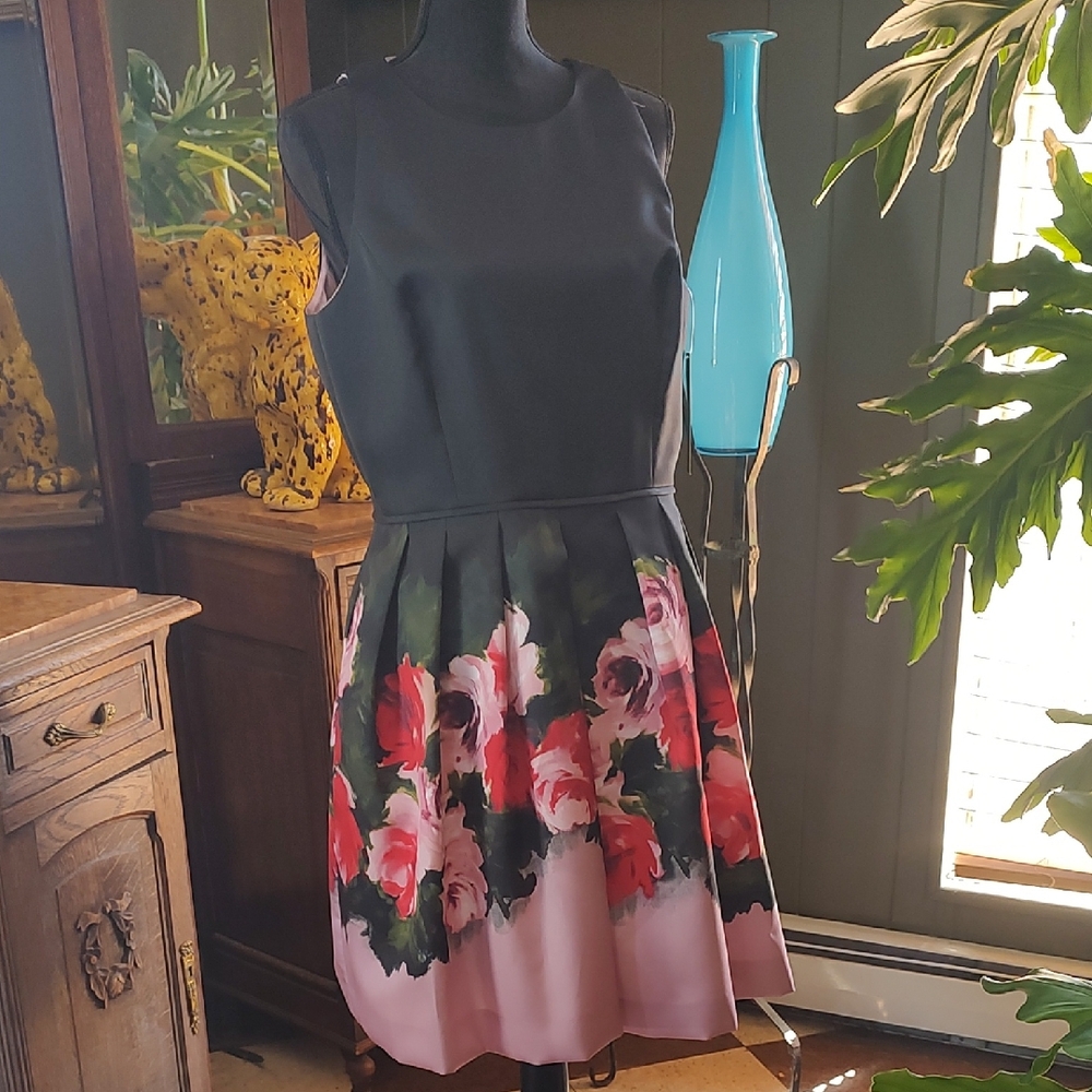 Tahari Black and Pink Floral Midi Dress